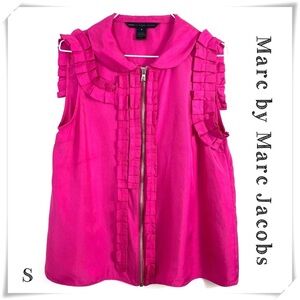 MARC by Marc Jacobs Silk Ruffle Cuffed Zip up Sleeveless Top in Fuchsia Pink